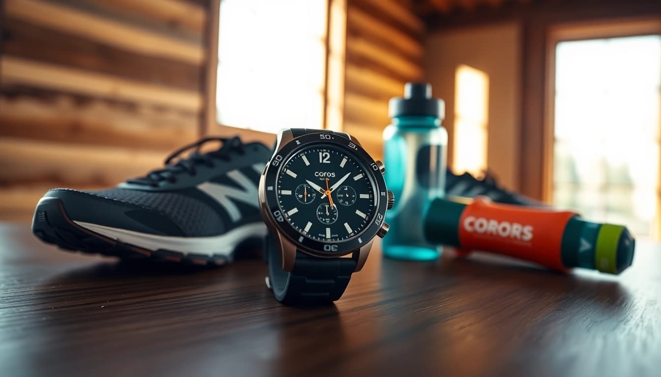 Coros sports watch featuring high-performance metrics on a sleek surface surrounded by fitness gear.