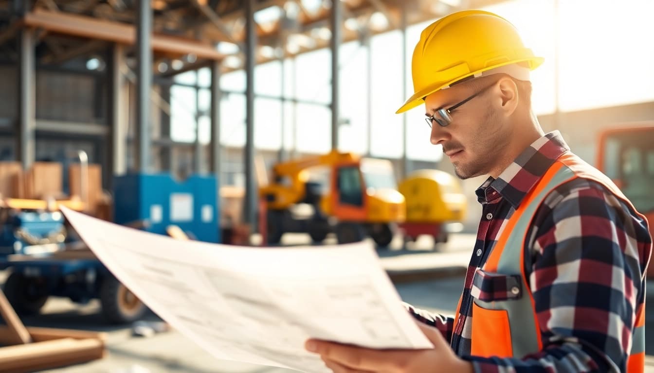 New Jersey General Contractor reviewing blueprints at a vibrant construction site with tools nearby.
