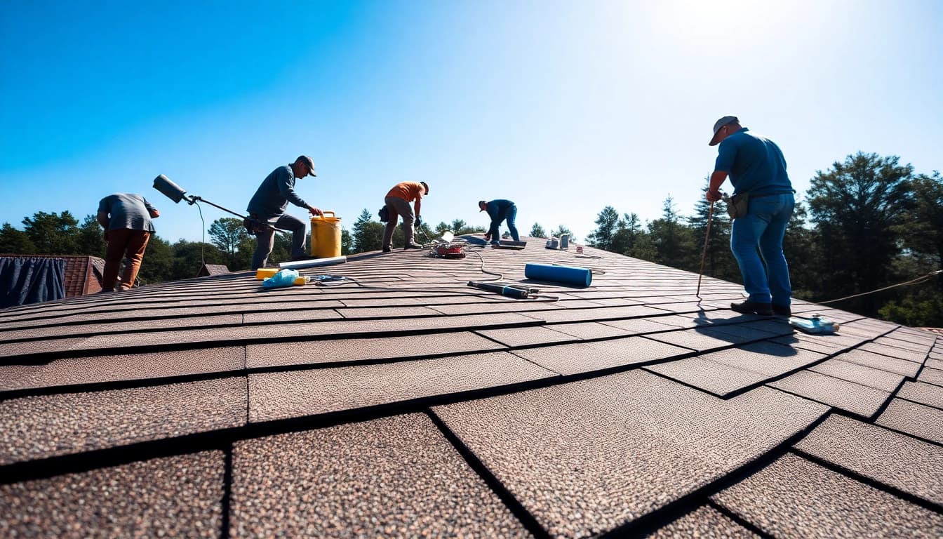 Skilled roofing company team installing shingles on a residential home under a clear blue sky.