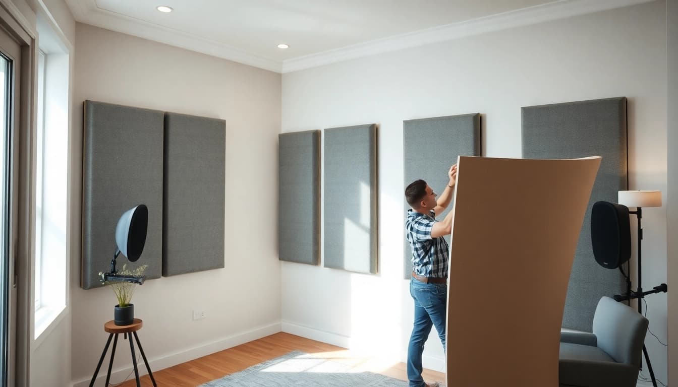 Soundproofing panels installation in a modern room by a technician.