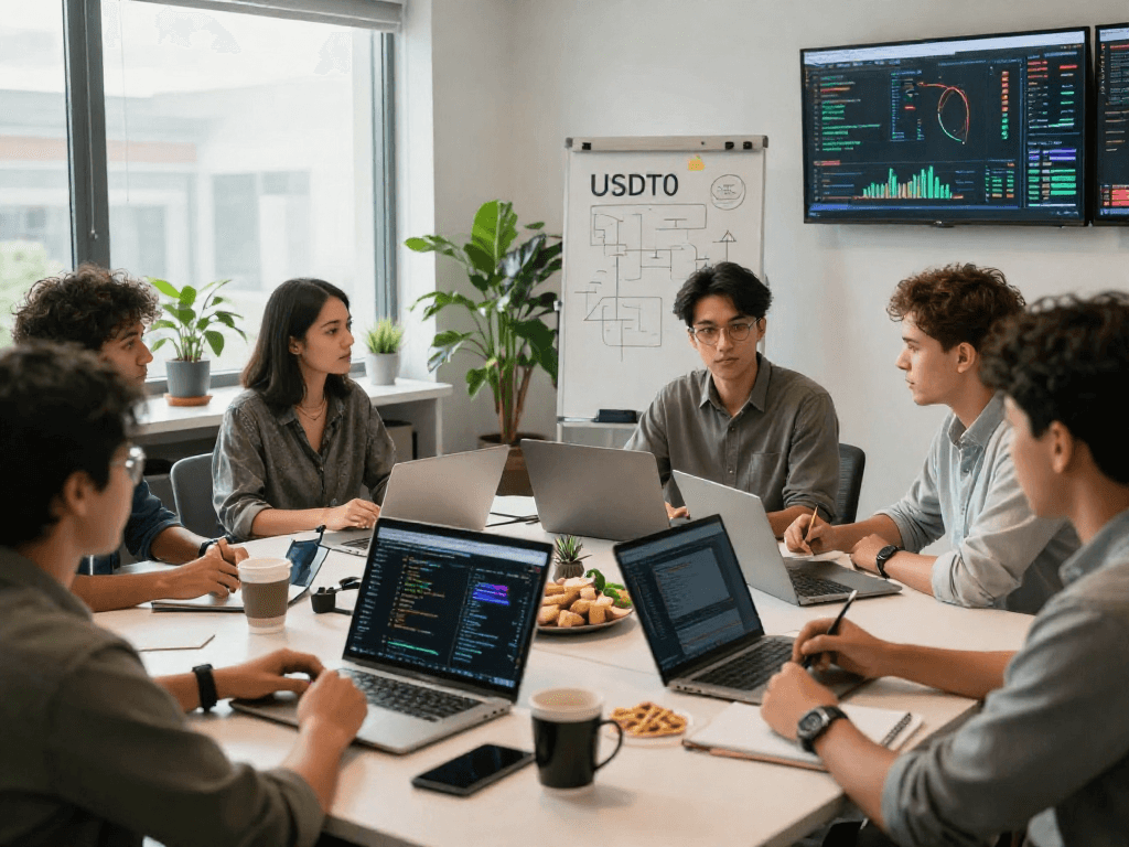 Team discussing USDT0 technology in modern office setting, showcasing collaboration and strategy.