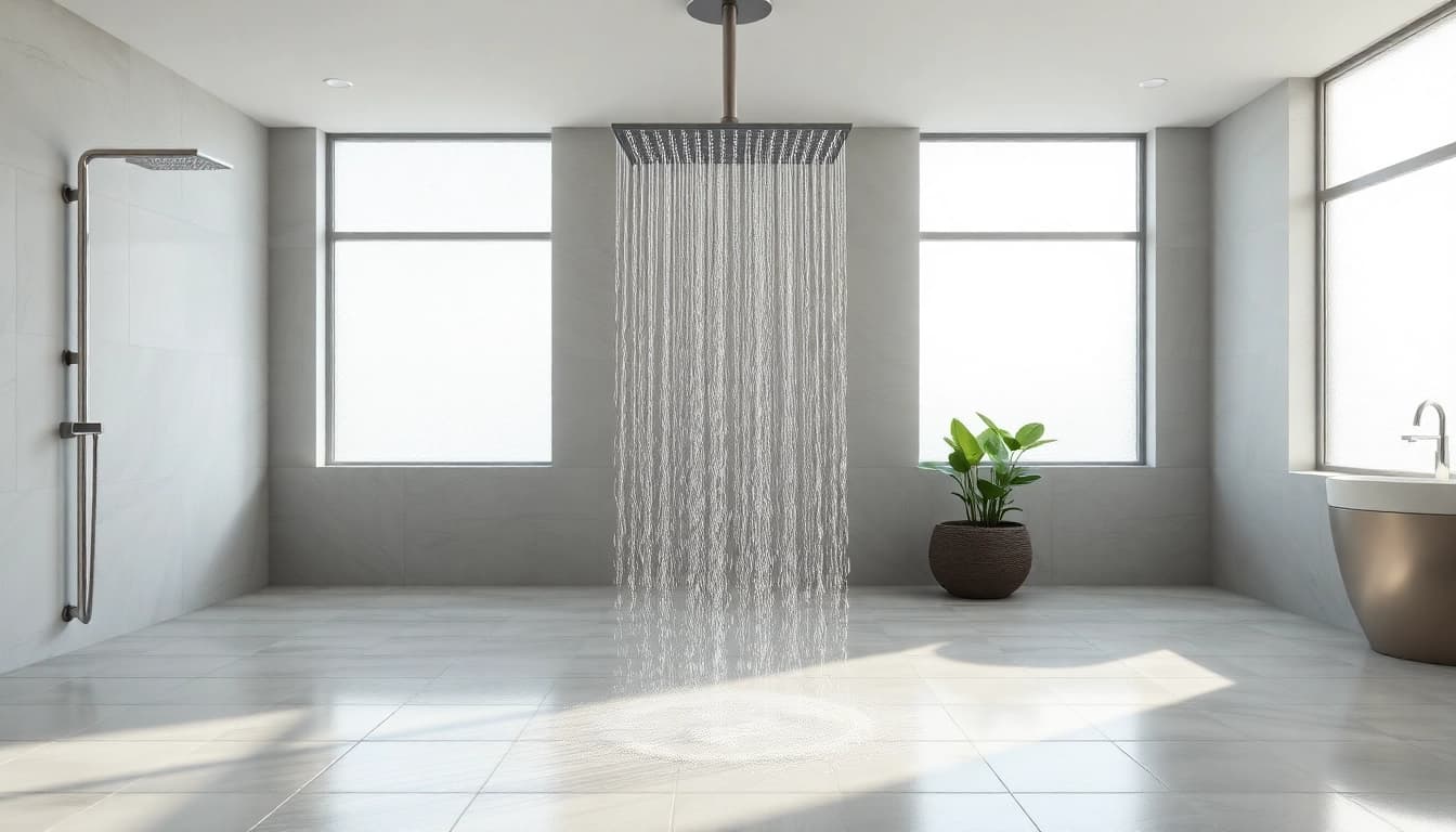 Experience elegant showers with a luxurious rainfall design in a serene modern bathroom setting.
