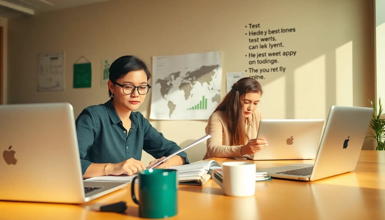 TOEFL test takers for hire engaged in serious study session at their desks.