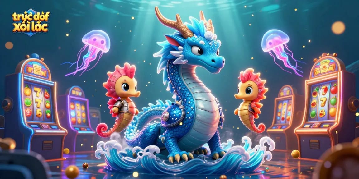 Experience the excitement of trực tiếp xôi lạc with this vibrant 3D scene featuring a dragon and slot machines.