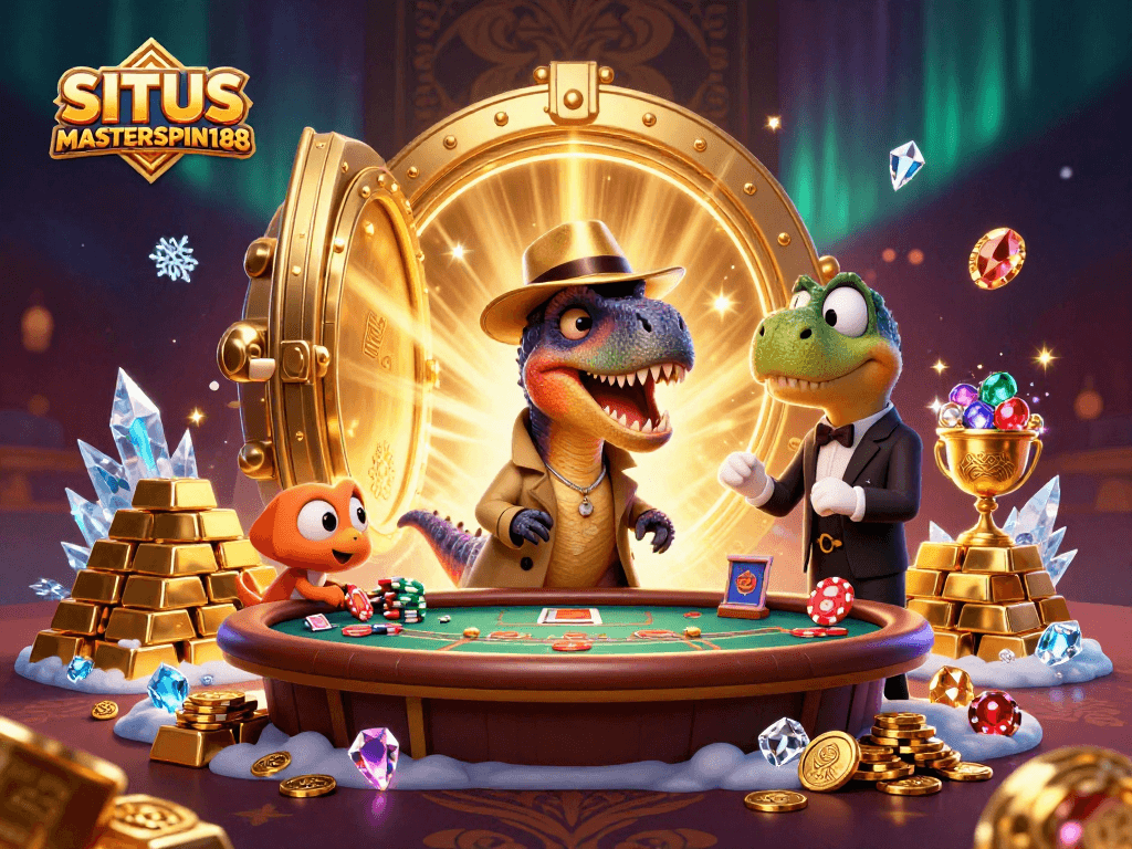 Experience thrilling gameplay at SITUS MASTERSPIN188 with a colorful casino scene featuring intricate characters and golden treasures.