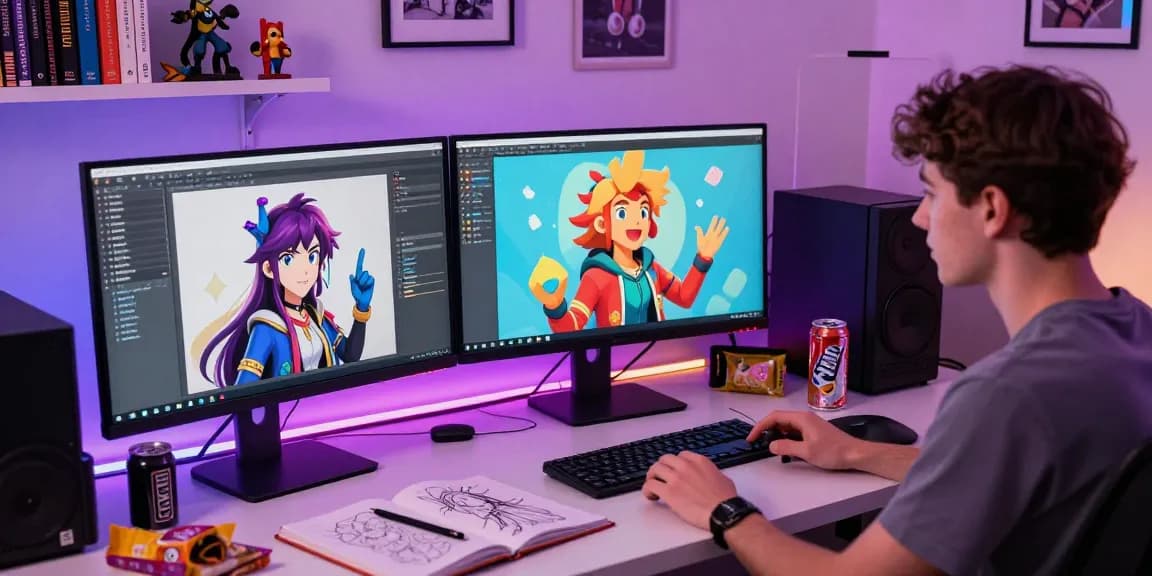 Dynamic character AI nsfw interaction with user in a colorful home office.
