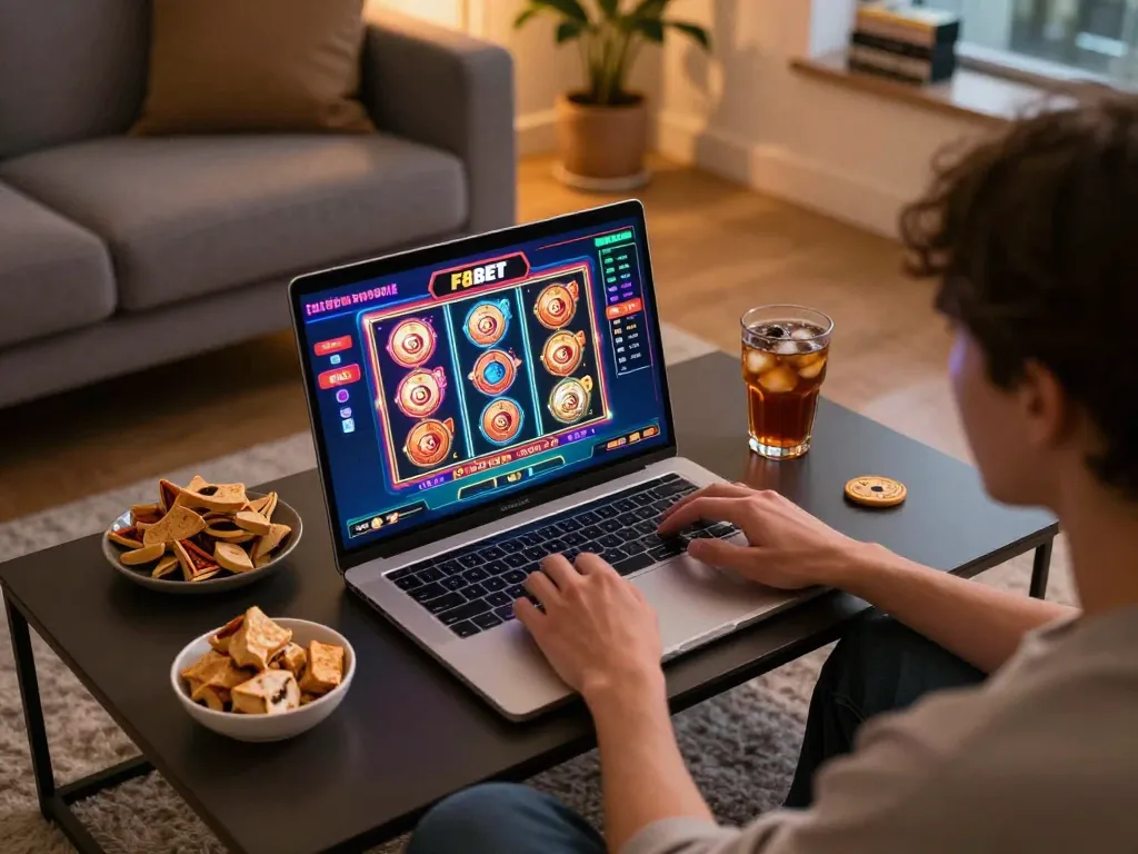Engaging moment of a player enjoying F8BET online casino games at home, laptop screen showcasing vibrant slots.