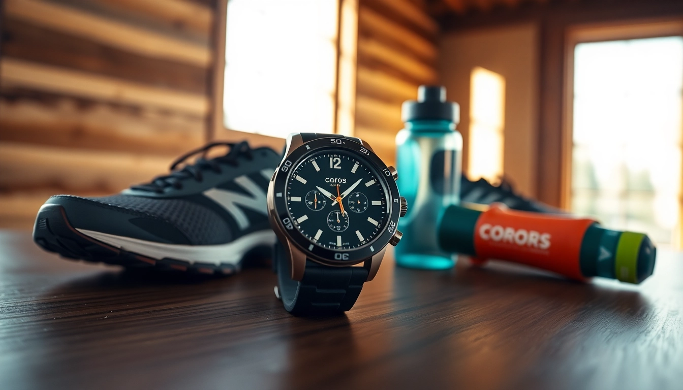 Coros sports watch featuring high-performance metrics on a sleek surface surrounded by fitness gear.