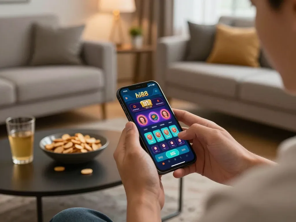 Player enjoying hi88 casino gaming with smartphone, showcasing vibrant app interface and home atmosphere.