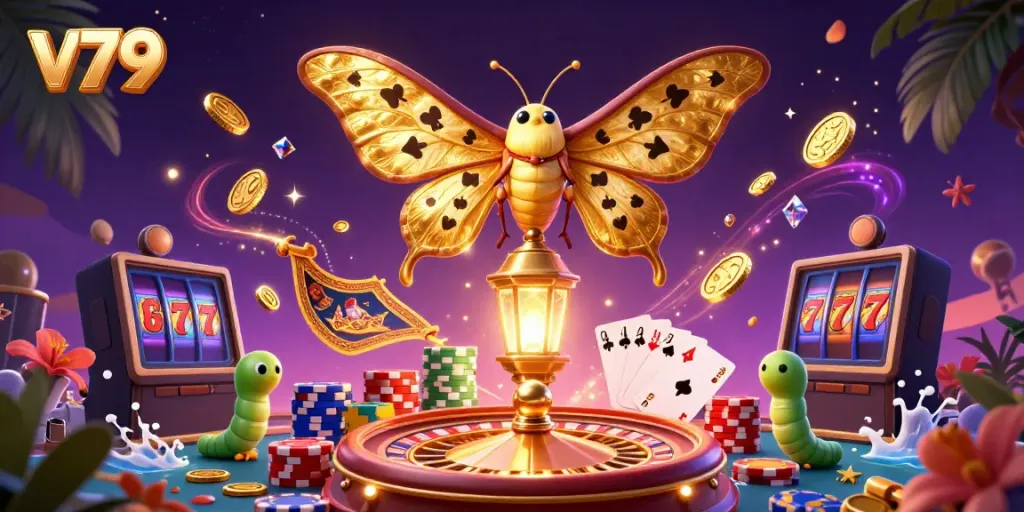 Experience the vibrant world of v79 casino with energetic moths and dazzling gambling elements.