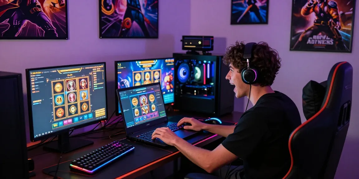 Pengguna sedang bermain dengan antusias di SUPER59 login, dikelilingi peralatan gaming modern.