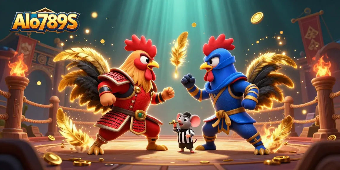 Alo789S showcases a dramatic cockfighting arena with cartoon roosters and vibrant gambling elements.