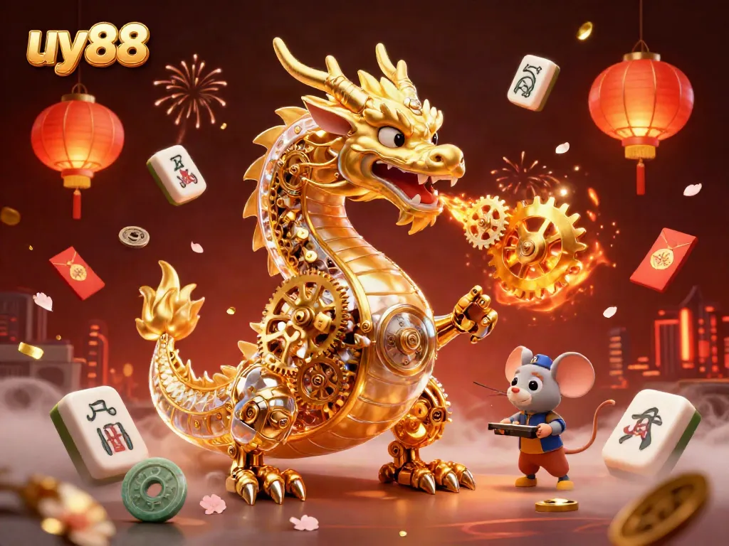 Experience excitement at uy88 with a golden dragon and engaging gaming elements in a vibrant scene.