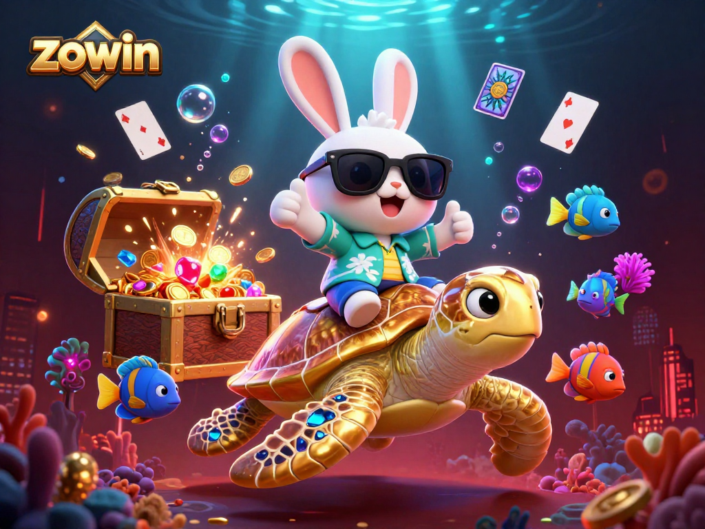 Zowin's cartoon lucky rabbit and sea turtle celebrate with vibrant underwater treasures.