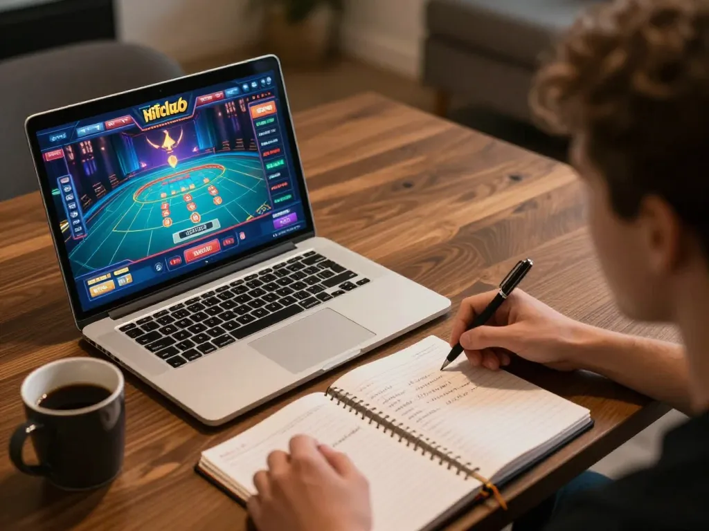 Player enjoying game casino HITCLUB on a laptop, showcasing strategic betting in a cozy home environment.