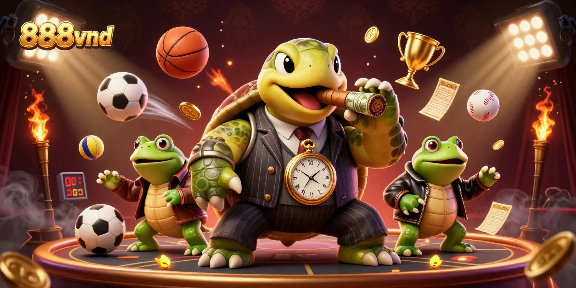 Engage with the dynamic atmosphere of 888vnd casino featuring a turtle mobster and sports betting elements.