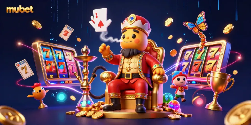 Mubet's vibrant casino scene featuring a caterpillar hookah-master, dynamic slot elements, and sparkling gold coins.