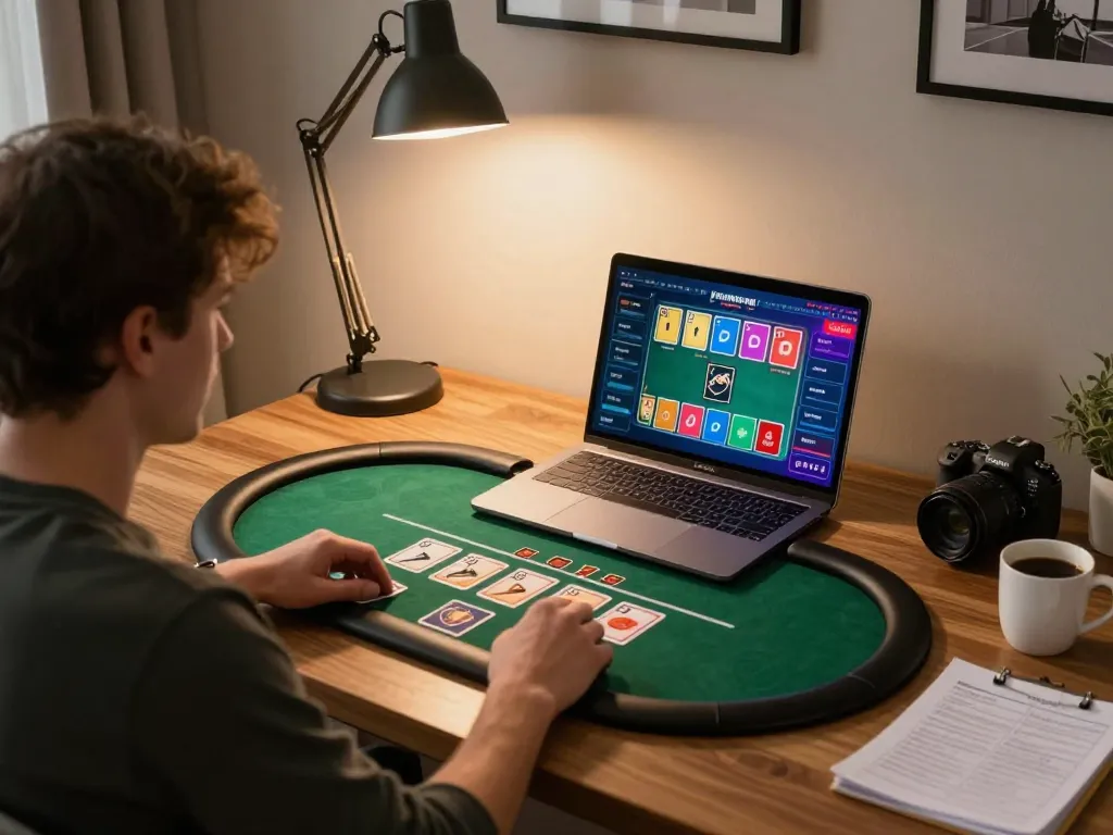 Players strategizing their poker game online at home with 789 elements visible on the screen
