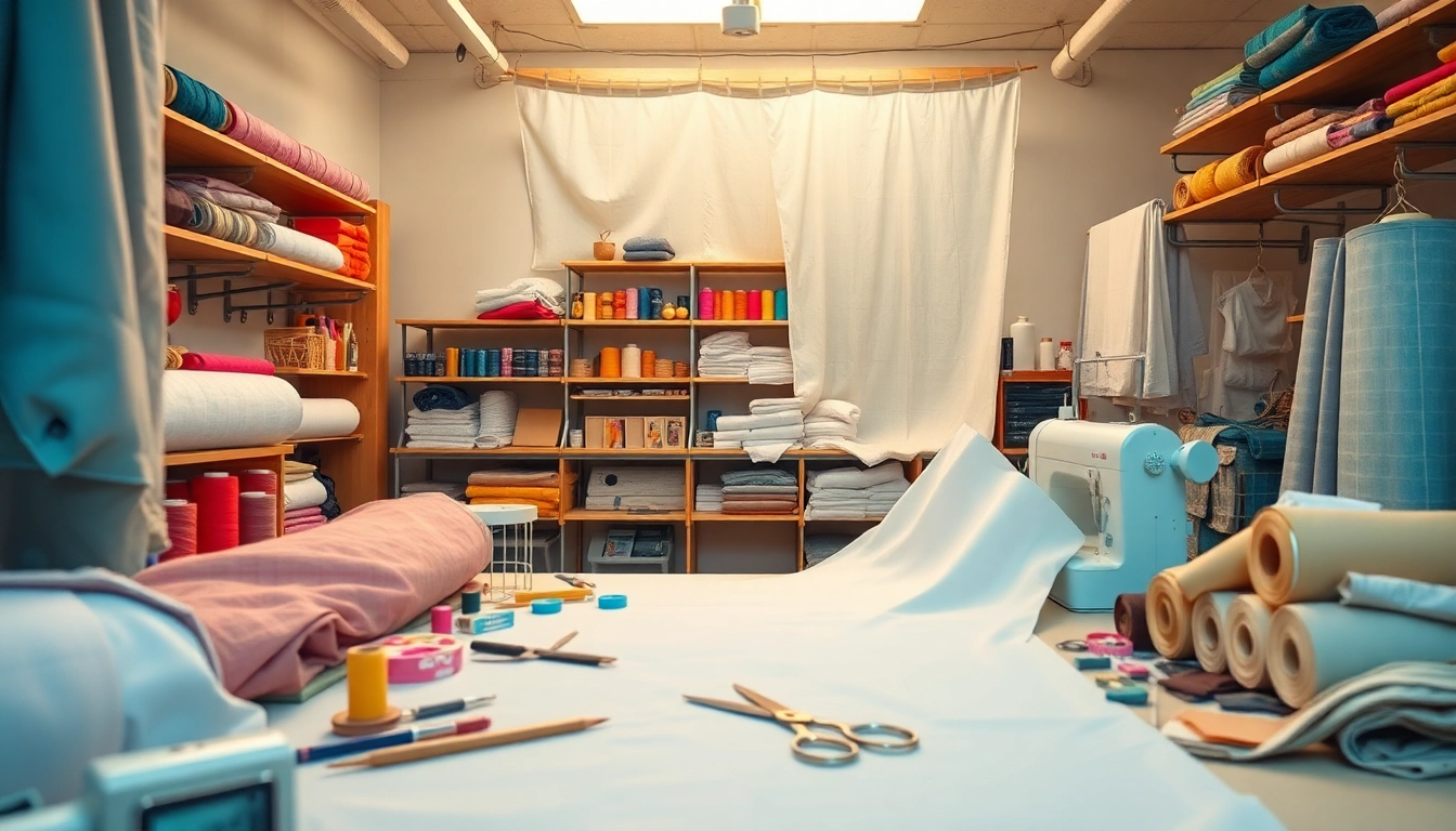 Verken viscose stoffen in een levendige naaiatelier met kleurrijke materialen en gereedschap.
