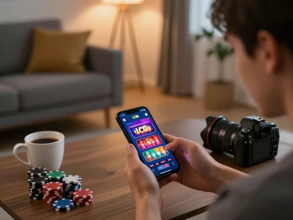 Player engaging in online casino gaming with the LC88 app on smartphone, showcasing vibrant game graphics.