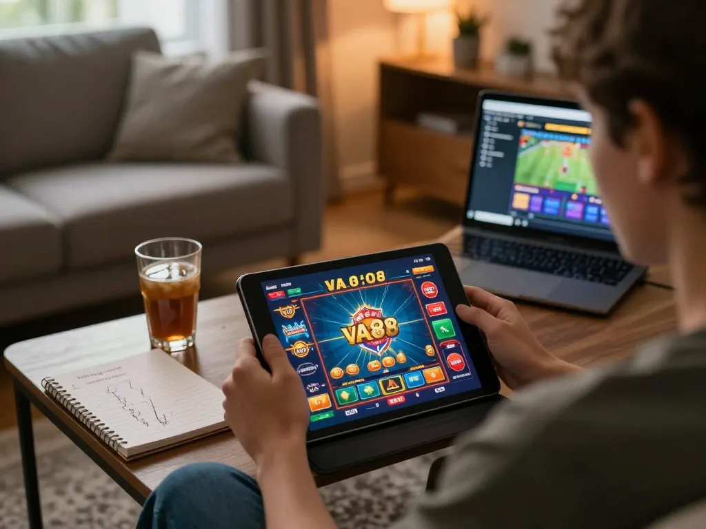 Person engaging in strategic VA88 online casino gameplay in a cozy living room.