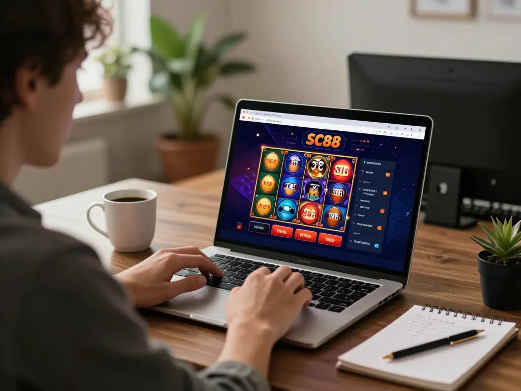 Player engaging with SC88 online casino gaming setup at home, showcasing strategic gameplay.