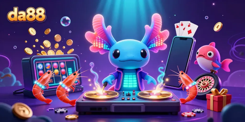 Experience the exciting da88 gaming world with a vibrant underwater casino scene featuring a DJ axolotl, shrimp dancers, and dynamic slot games.