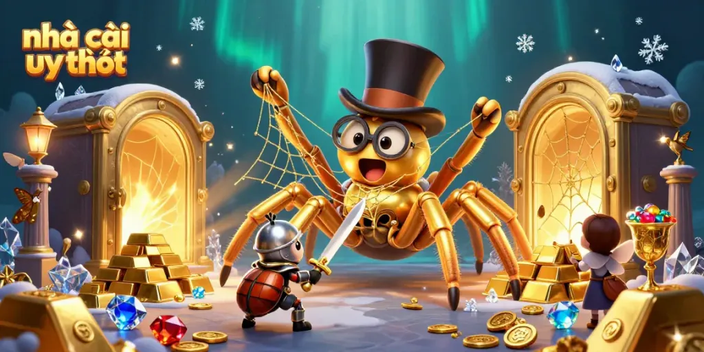 Experience the vibrant world of nhà cái uy tín with a golden tarantula and heroic beetle in this dynamic casino illustration.