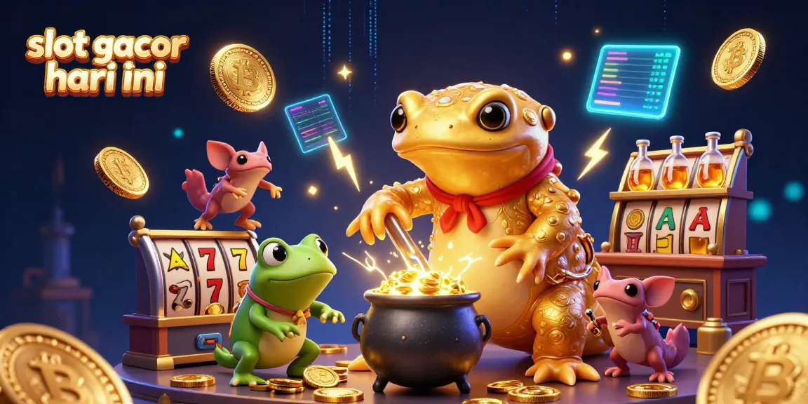 Engage with slot gacor hari ini featuring a golden salamander and frog in a bustling lab filled with vibrant casino elements.