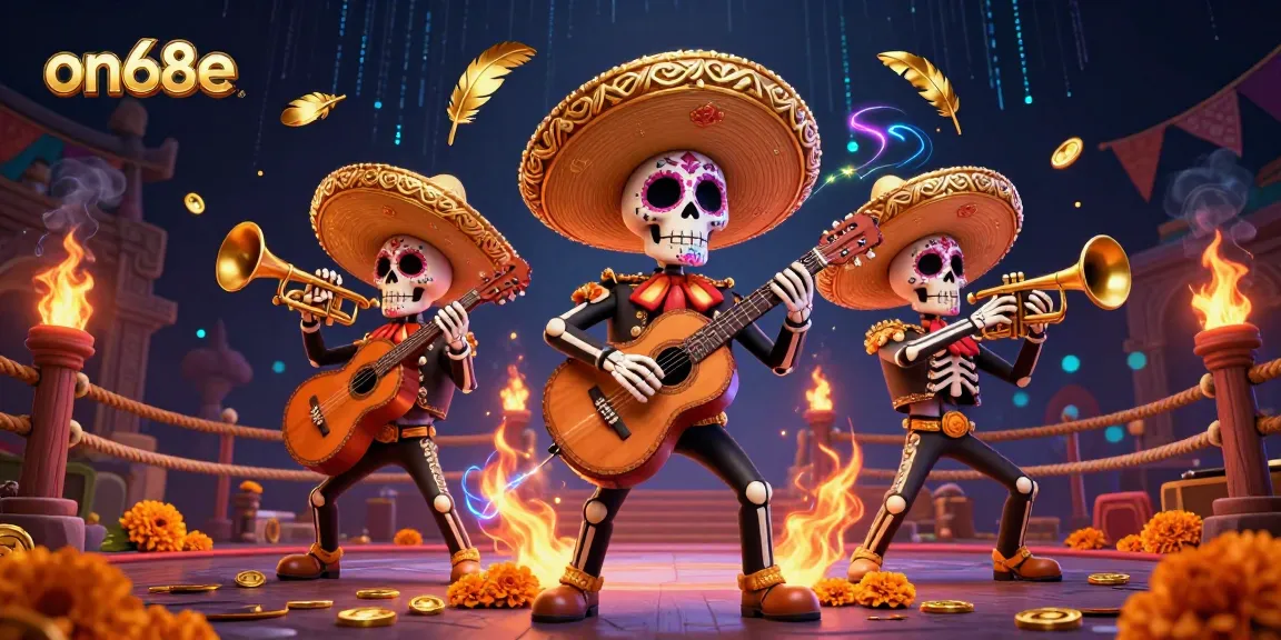 Experience exhilarating wins at on68e with this vibrant casino scene showcasing colorful mariachi skeletons.