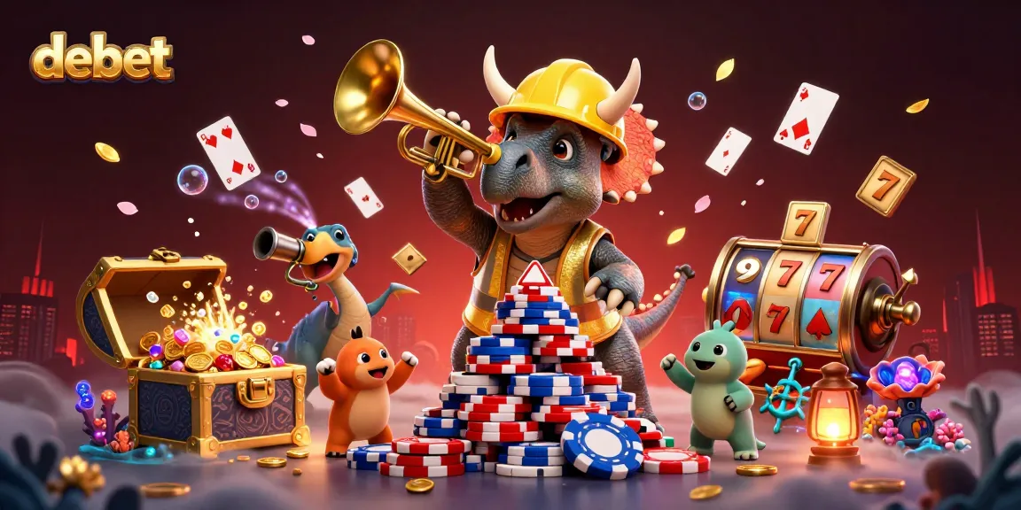 Debet represents a vibrant casino scene with a triceratops celebrating over poker chips amidst dynamic gambling elements.