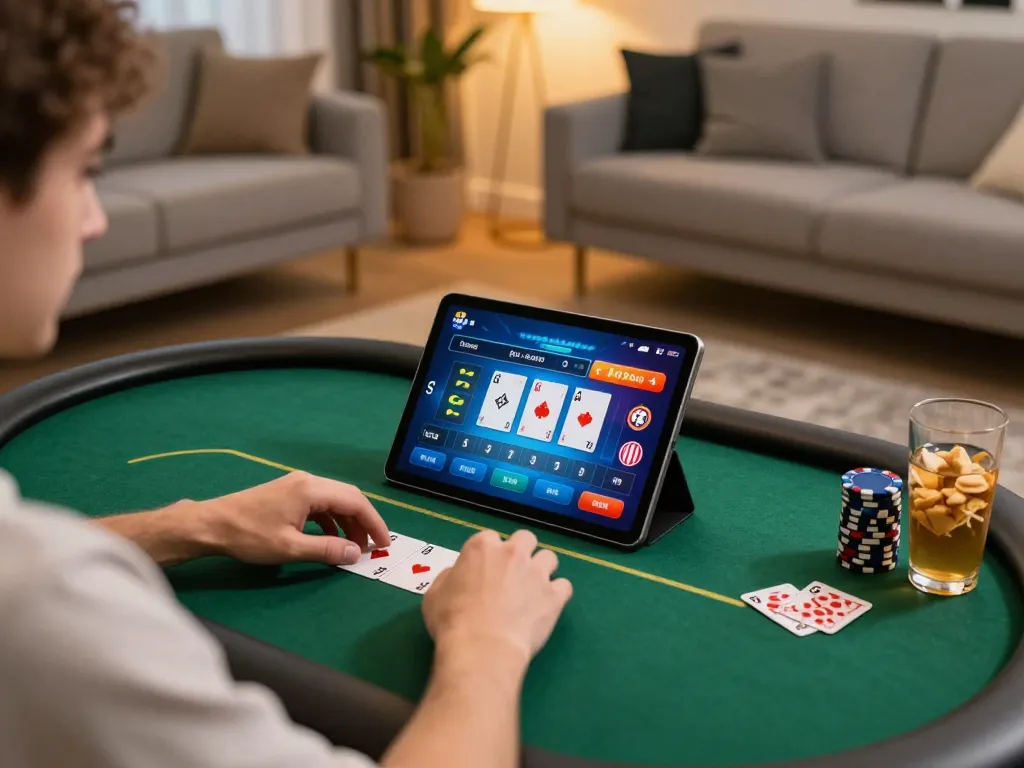 Engaging in fly88 đăng ký while playing online poker on a tablet in a cozy home setting