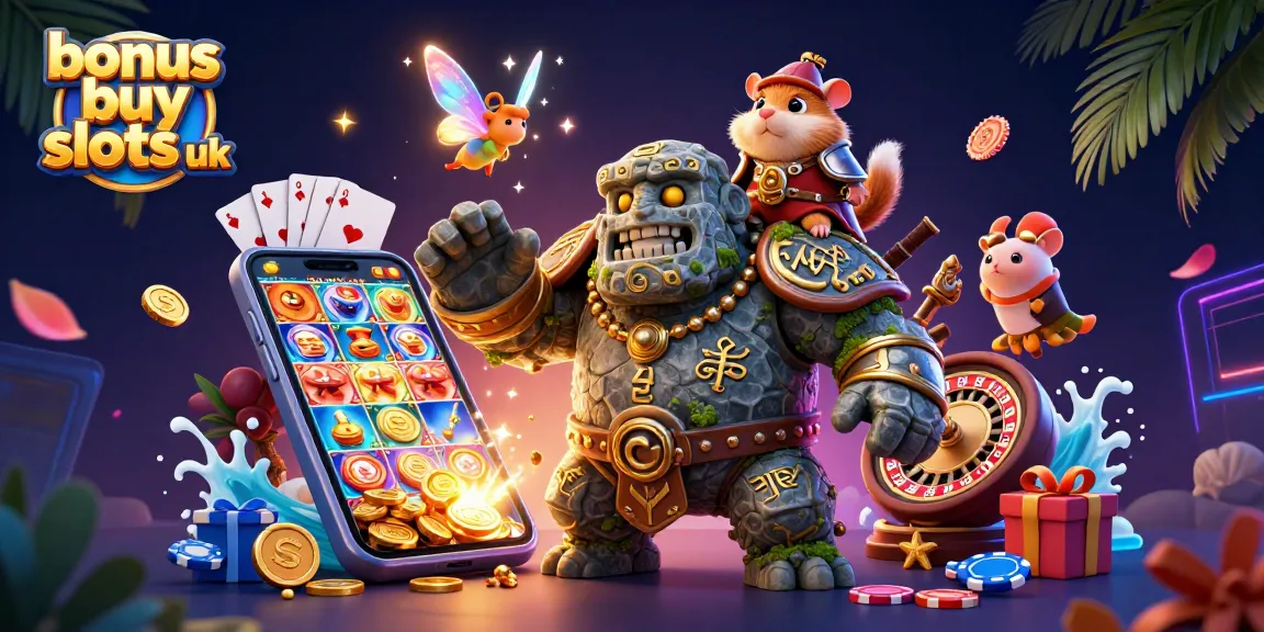 Engage with exciting bonus buy slots uk featuring a mystical golem, fairy, and hamster knight in a vibrant 3D scene.