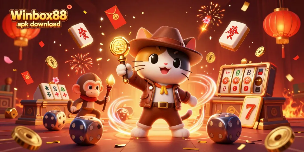 Winbox88 apk download features an engaging illustration of an archaeologist cat and monkey in a dynamic casino scene.