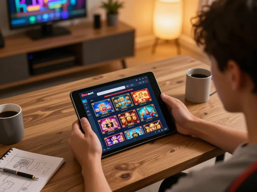 Sparking excitement with situs slot gacor on a tablet, showcasing colorful slot games and a cozy gaming atmosphere.