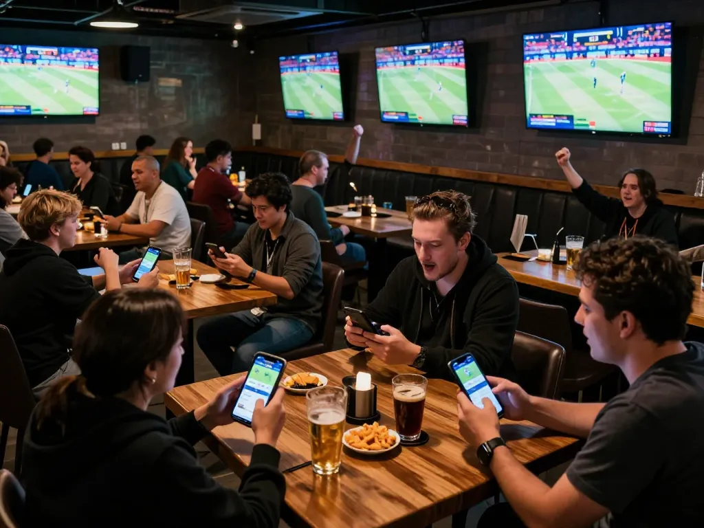 Sports enthusiasts placing bets on Net88 app while cheering in a vibrant sports bar atmosphere.