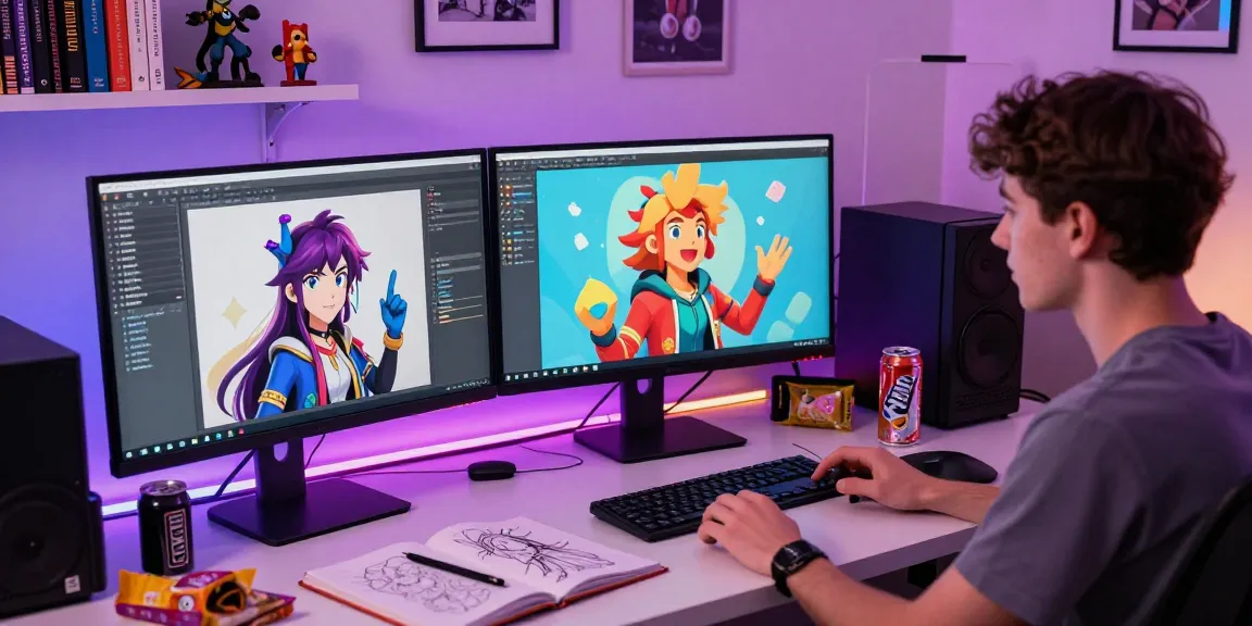 Dynamic character AI nsfw interaction with user in a colorful home office.