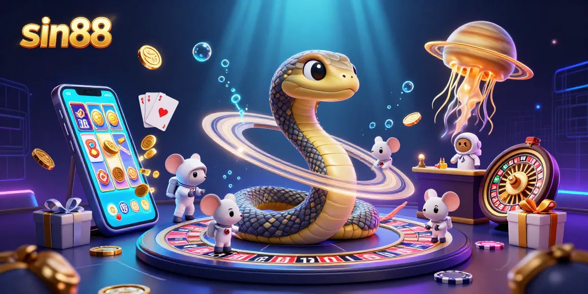 Bet on sin88 with a cartoon Saturn ring snake and astronaut mice in a vibrant gaming scene.