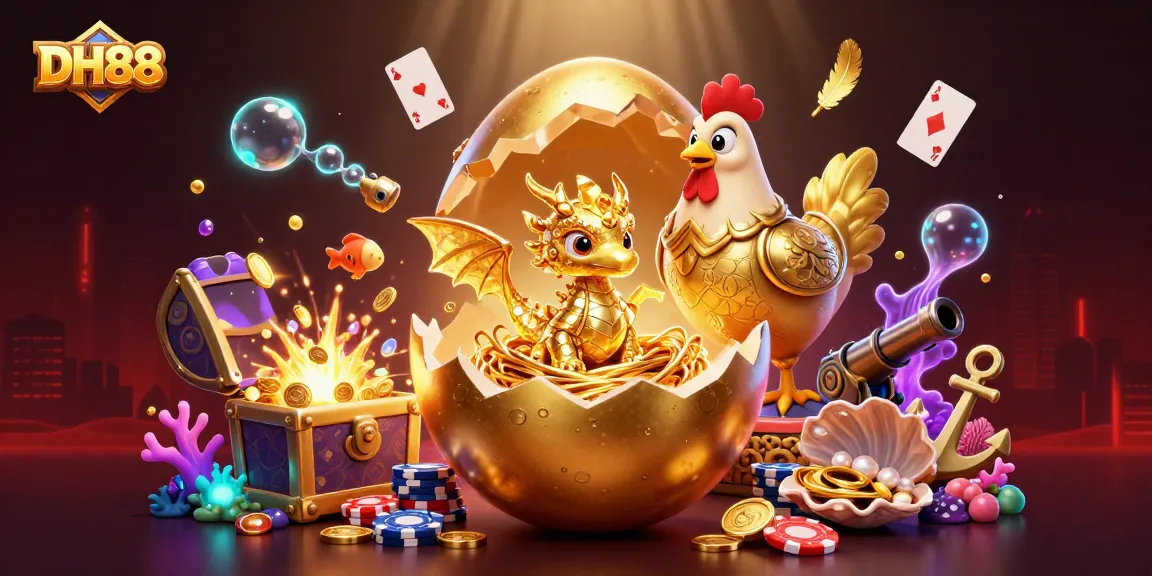 Experience thrilling gameplay at DH88 with a golden dragon and poker chips in an exhilarating casino scene.