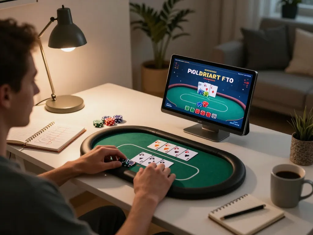 Nohu78 online poker game setup in a cozy home office, showing dynamic play and strategic elements.