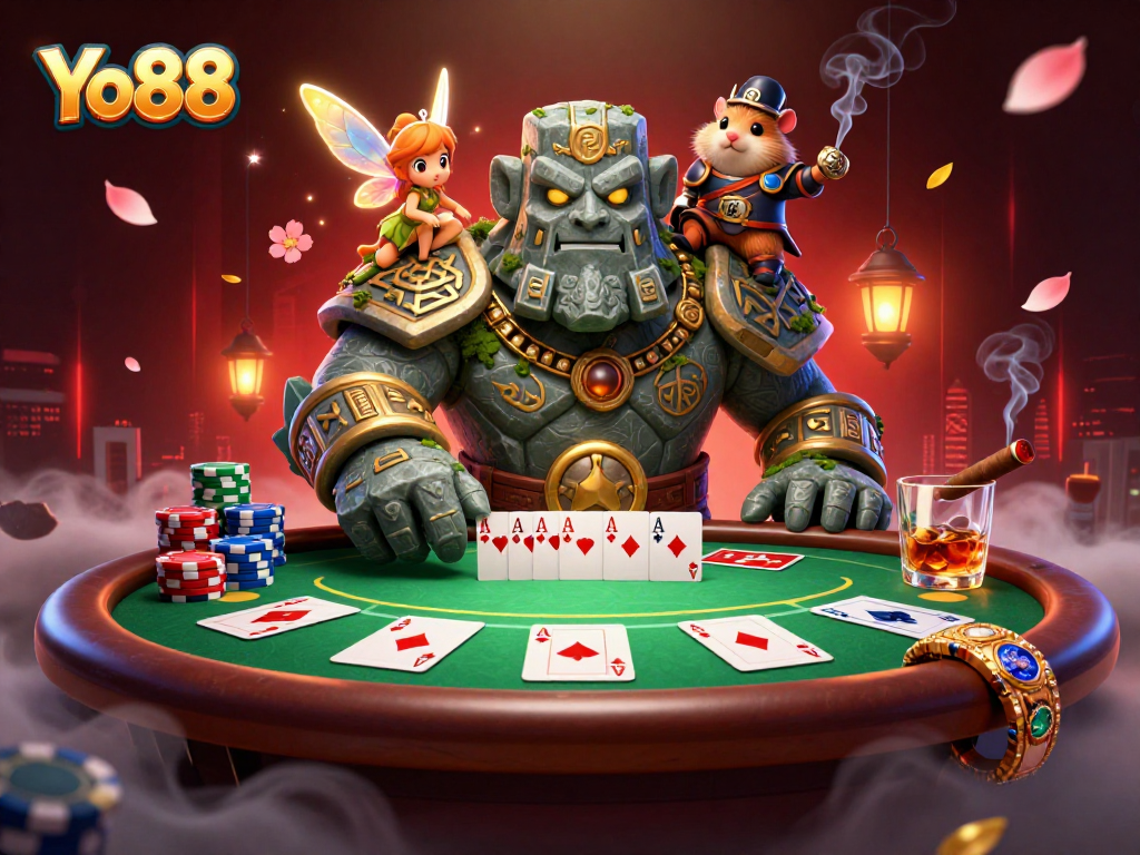 Experience Yo88's thrilling poker atmosphere with a golem guardian and enchanting companions.