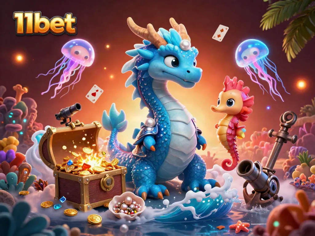 Engage with 11bet's thrilling underwater adventure featuring a majestic dragon and vibrant sea creatures.