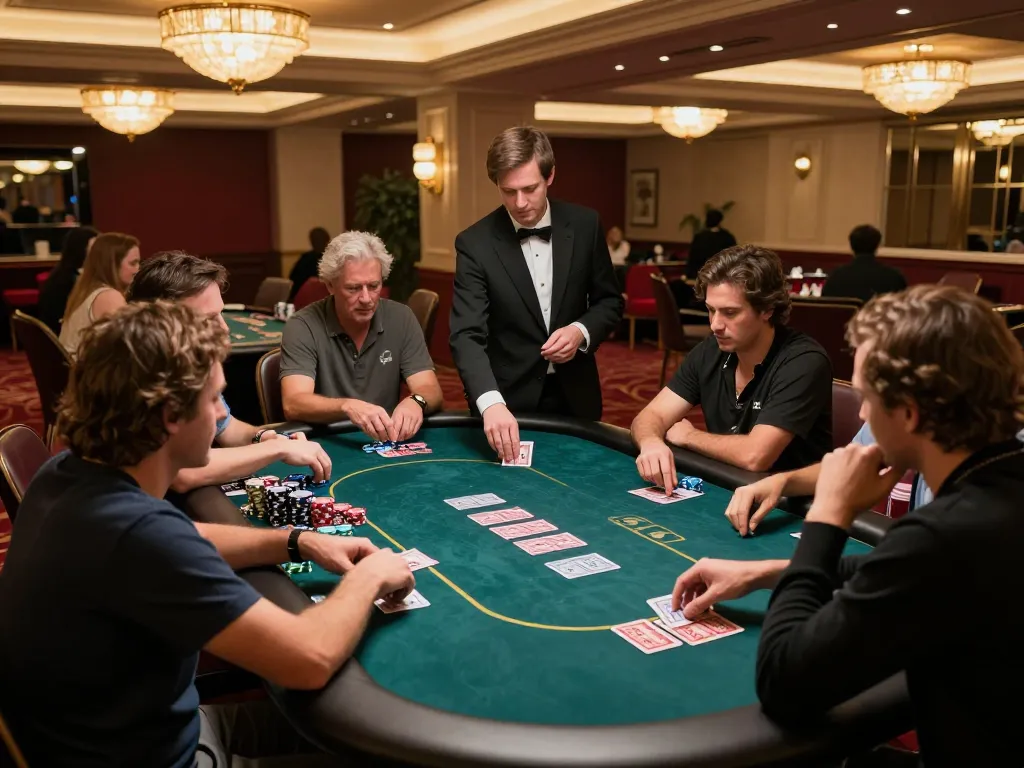 77WIN players focusing on poker gameplay at a luxurious casino table under elegant lighting