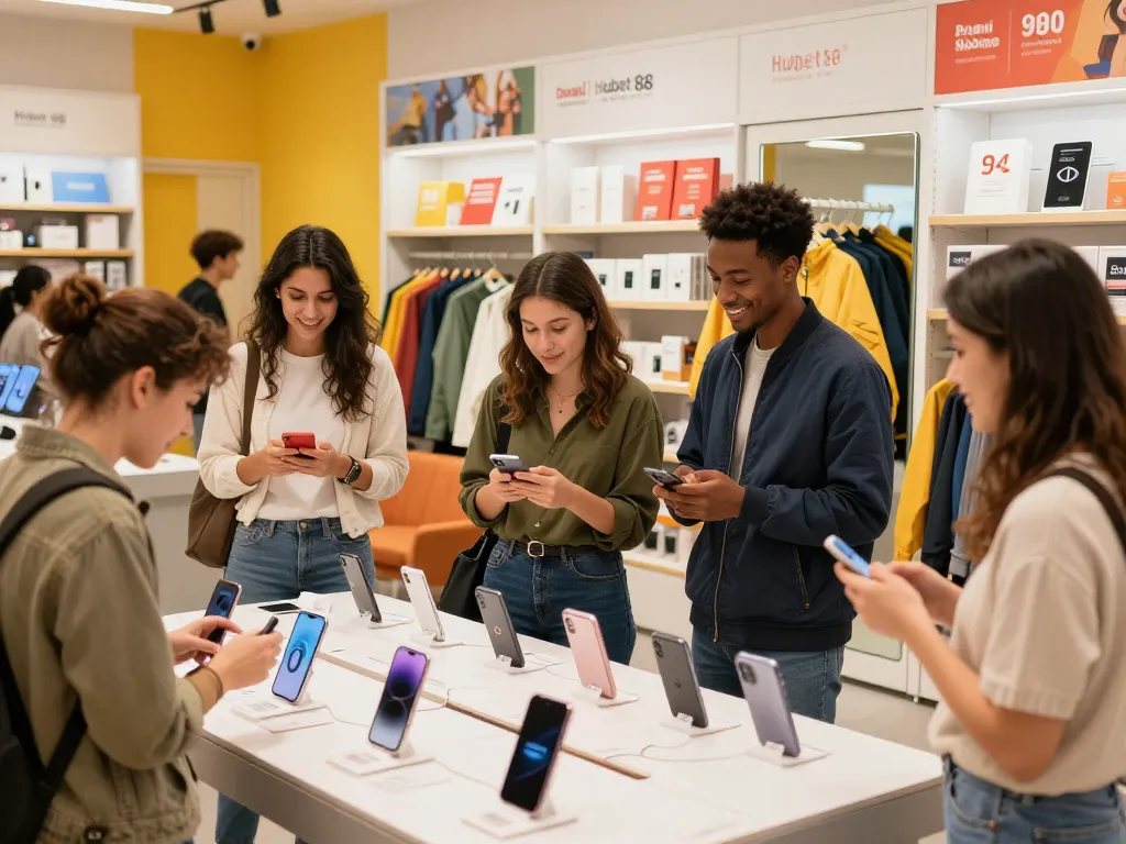 Hubet 88 shopping scene featuring customers engaging with new products in a vibrant e-commerce store atmosphere.