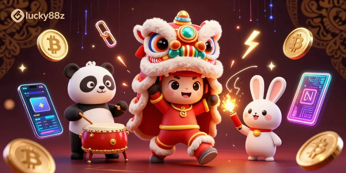 Engage with lucky88z's animated casino scene featuring a vibrant lion dance, crypto elements, and dynamic energy.