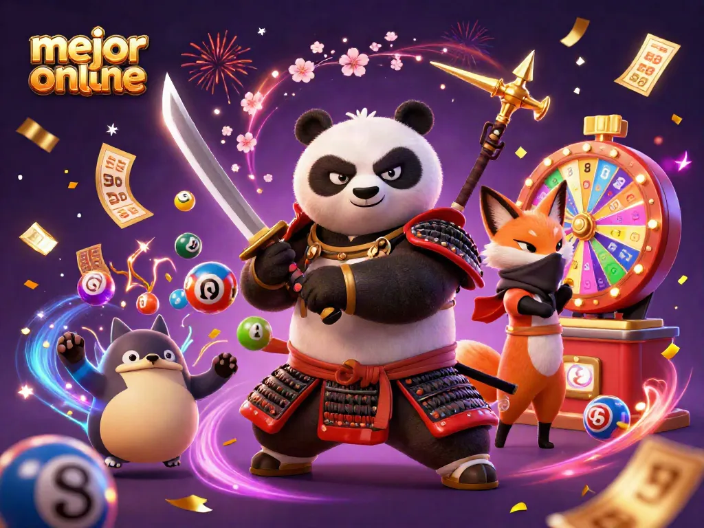 Juega en el mejor casino online con una escena de un panda samurái, un zorro ninja y un tanuki mágico lanzando premios y diversión.