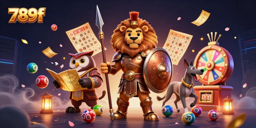 Engage in exciting gambling action with 789f in this dynamic 3D scene featuring colorful lottery elements.
