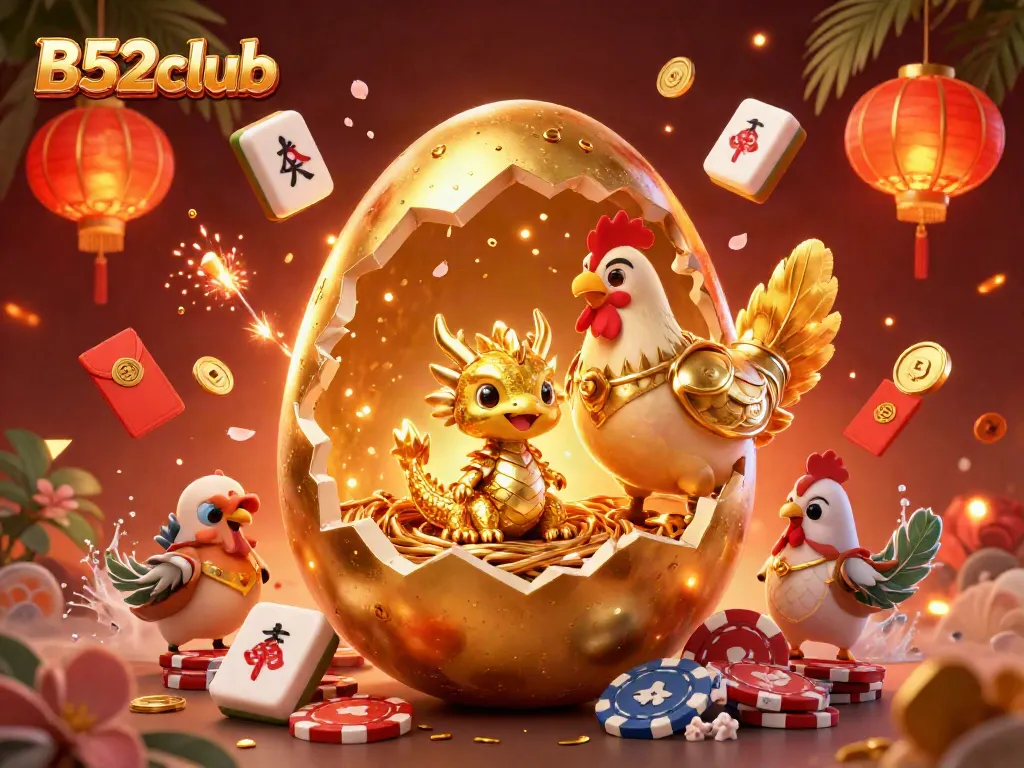 Engage with the thrilling B52club experience featuring a golden dragon and poker chips in a vibrant casino scene.