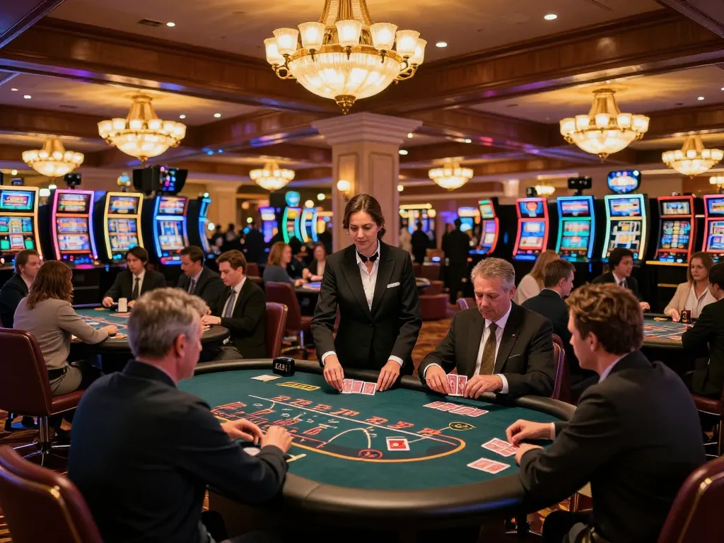 Players enjoying strategic gameplay at LC88 blackjack table in luxury casino setting.