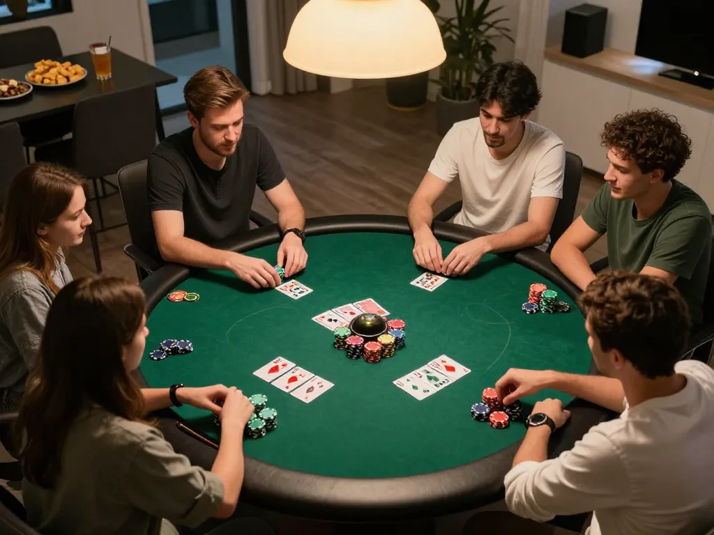 Engaged players analyzing poker hands during a j88-themed home game night.